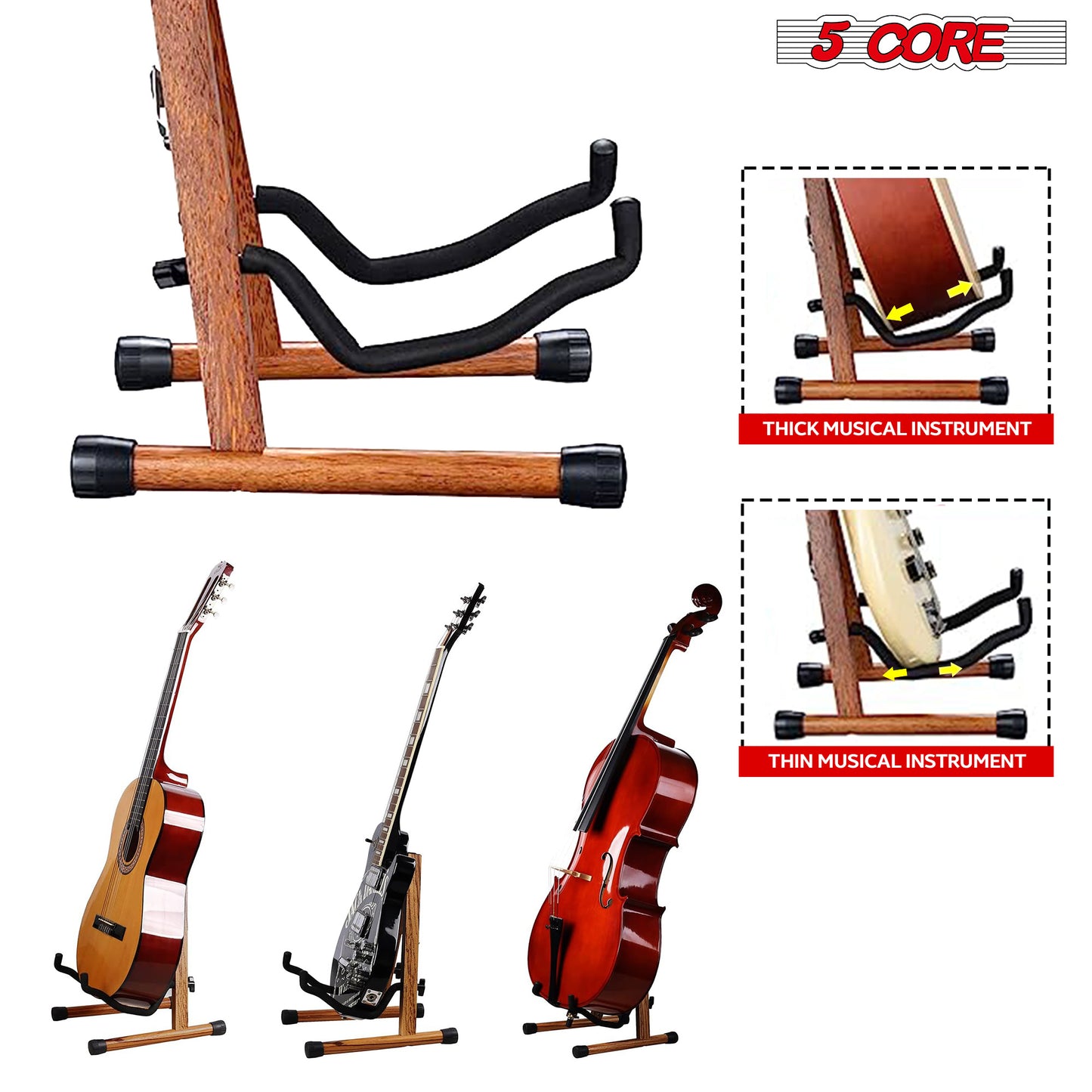 5 Core Wood Guitar Stand/ Acoustic Electric Wooden Guitar Floor Stand/ Universal A-Frame Folding Guitar Holder Adjustable for Bass, Cello, Mandolin, Banjo, Ukulele- GSS WD