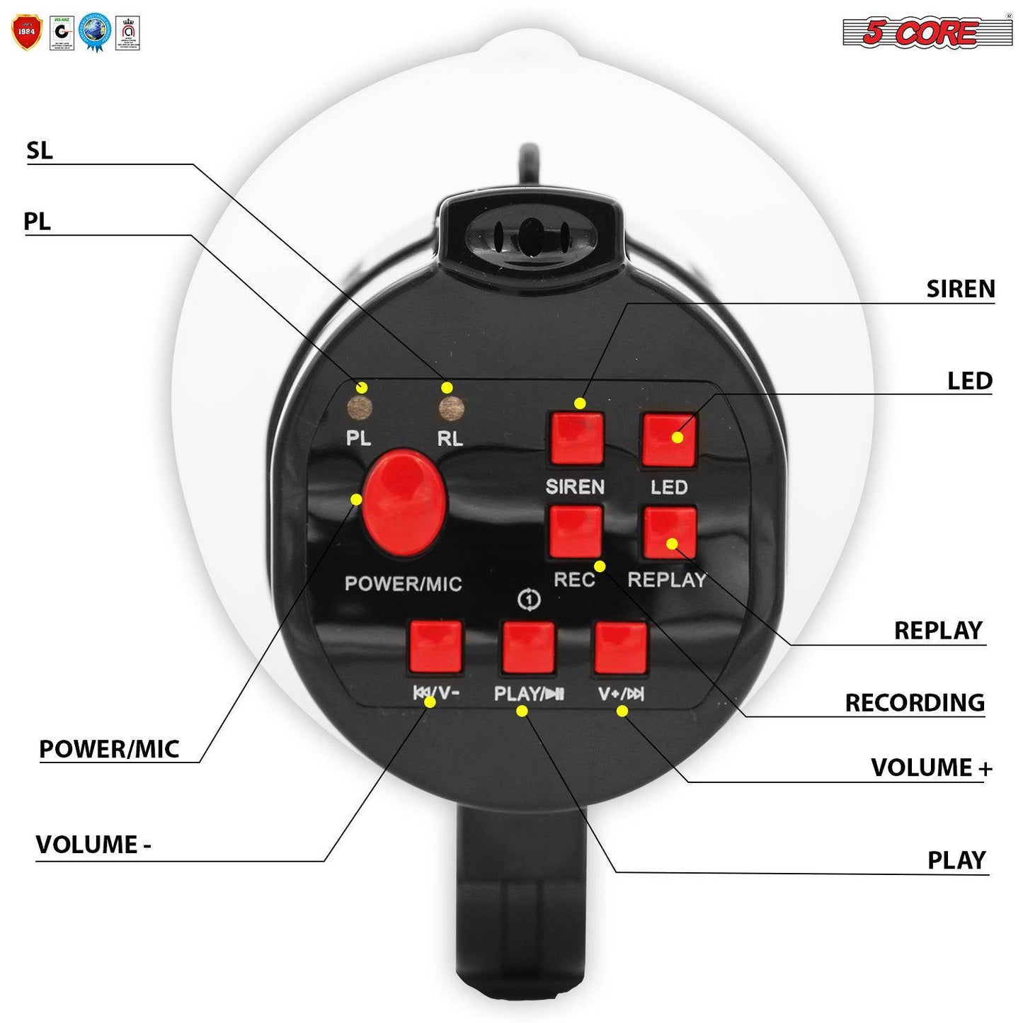 5Core Megaphone Handheld with LED lights Bullhorn Cheer Loudspeaker Bull Horn Speaker Megaphono Siren Torch Flashlight Sling Strap Portable 148 LED