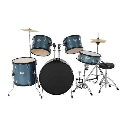 MCH Full Size Adult Drum Set 5-Piece Black with Bass Drum; two Tom Drum; Snare Drum; Floor Tom; 16" Ride Cymbal; 14" Hi-hat Cymbals; Stool; Drum Pedal; Sticks