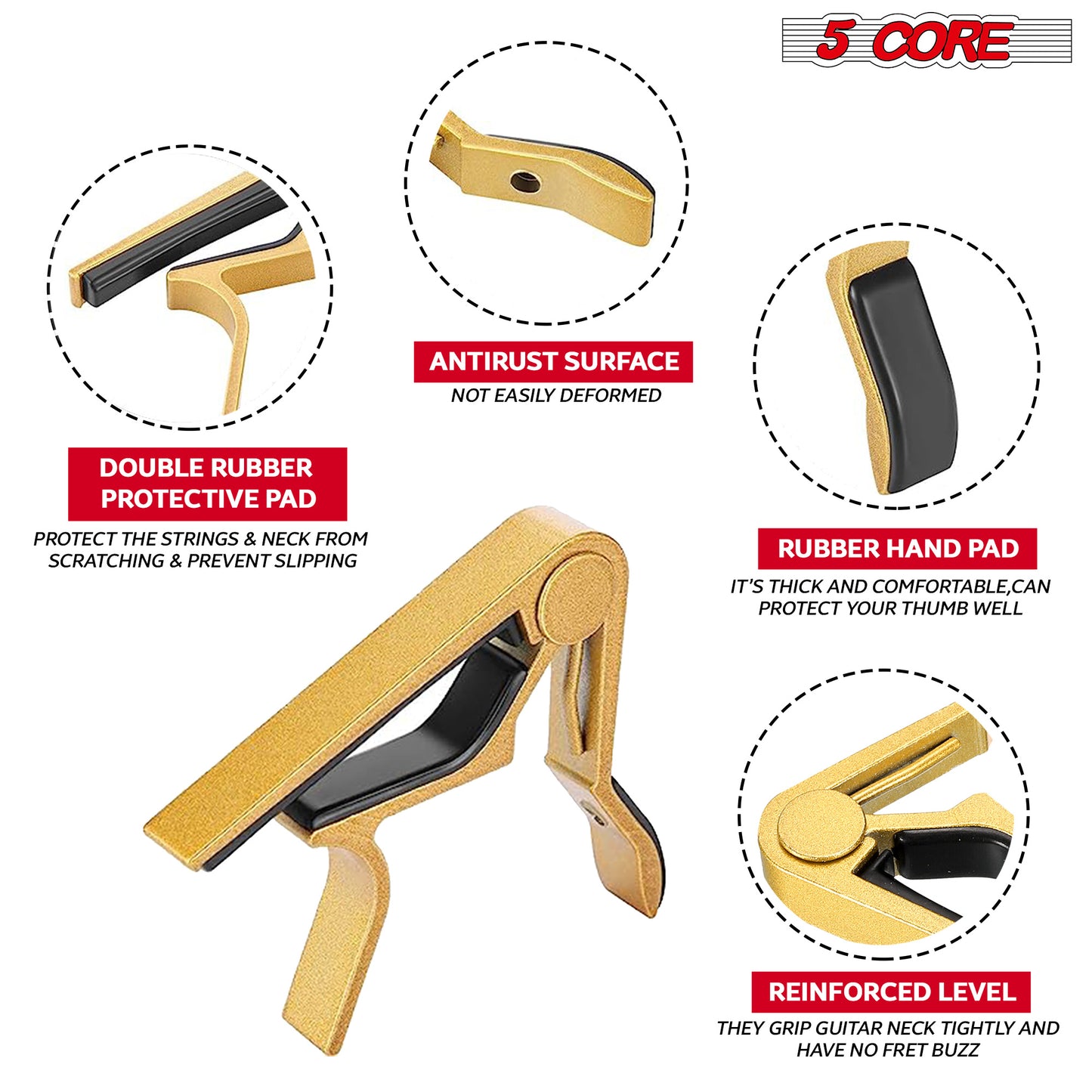 5 Core Guitar Capo Combo 4 Pcs| Premium Aluminum Capos for Guitars, Ukulele, Banjo, Mandolin, Bass| Superior Build Quality| Professional Musical Instrument Blue, Red, White and Gold- CAPO BRWG 4PCS