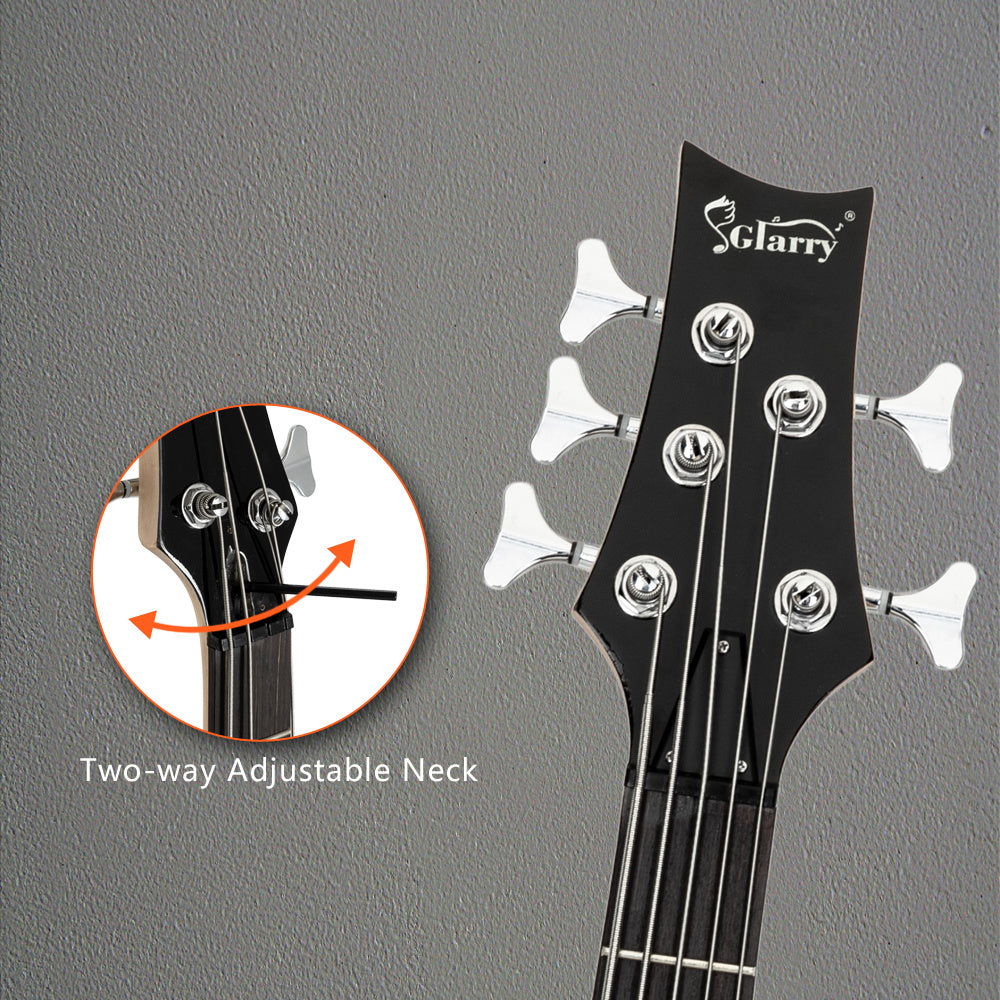 Glarry GIB Electric 5 String Bass Guitar Full Size Bag Strap Pick Connector Wrench Tool Sunset Color