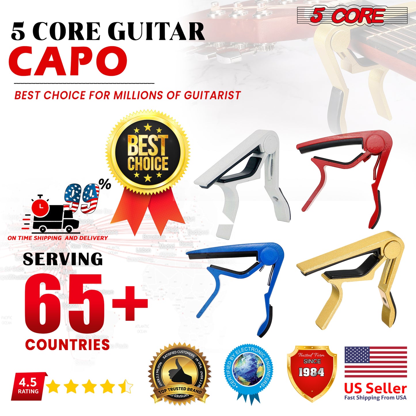 5 Core Guitar Capo Combo 4 Pcs| Premium Aluminum Capos for Guitars, Ukulele, Banjo, Mandolin, Bass| Superior Build Quality| Professional Musical Instrument Blue, Red, White and Gold- CAPO BRWG 4PCS