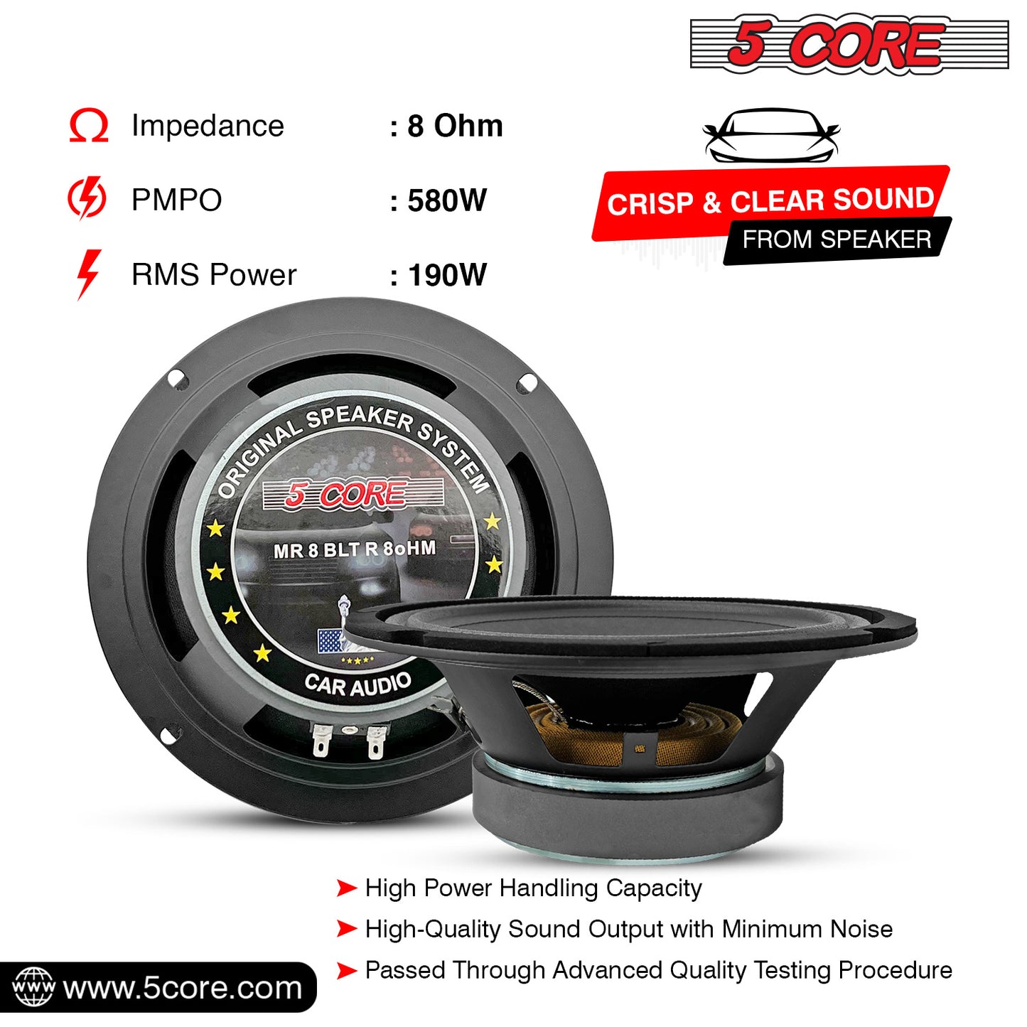 5 Core 8 Car Audio Speakers with Bullet 580 W 8 Ohm Mid-Range Loudspeaker MR 8 BLT R 8oHM