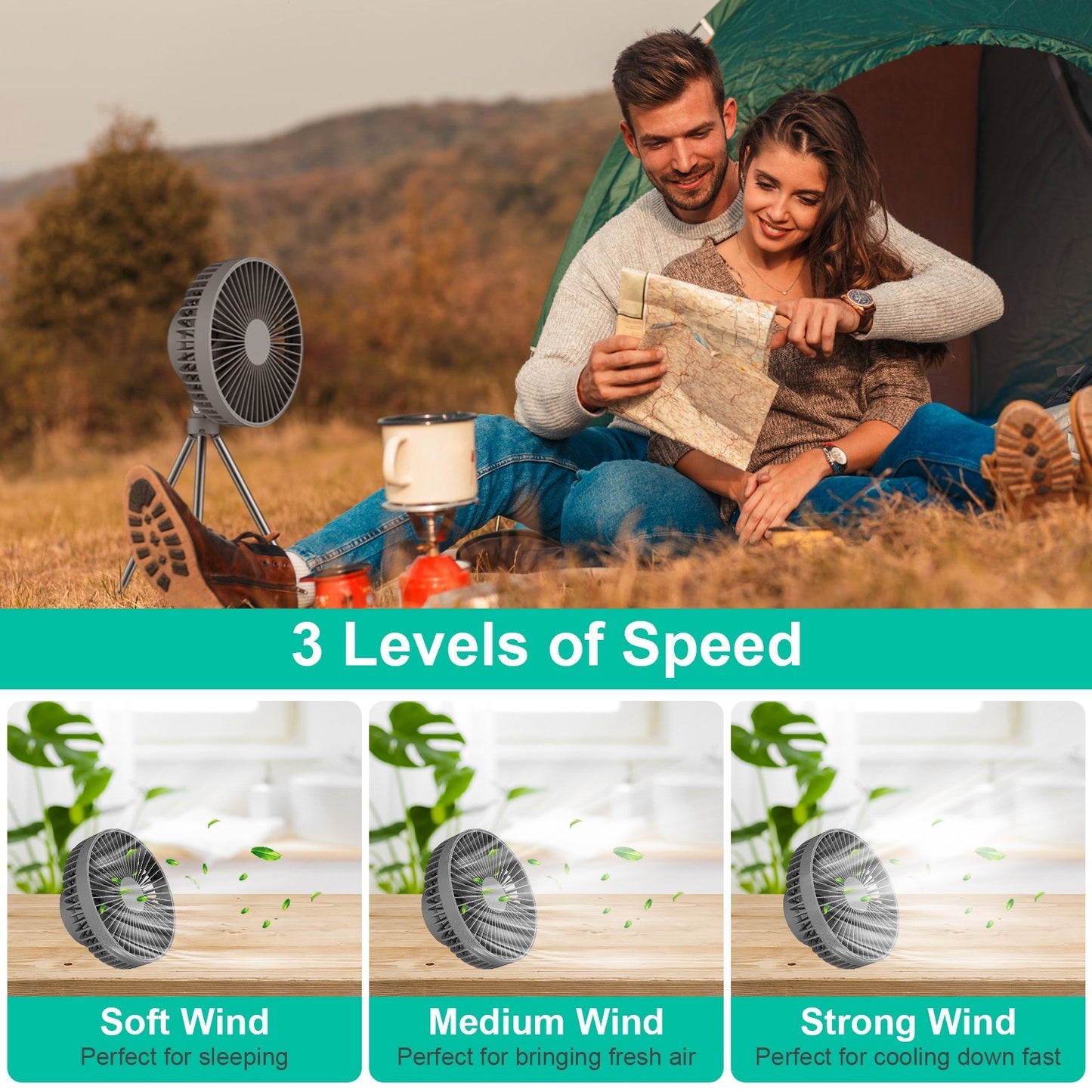 Portable Camping Fan Rechargeable Battery Powered Foldable Tripod Fan for Tent with Hanging Hook Carabiner Personal Desk Fan with 3 Speed Setting for Travel Hiking Fishing