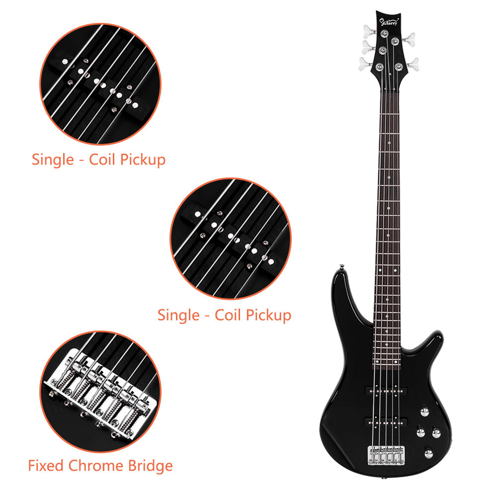 Glarry GIB Electric 5 String Bass Guitar Full Size Bag Strap Pick Connector Wrench Tool Black