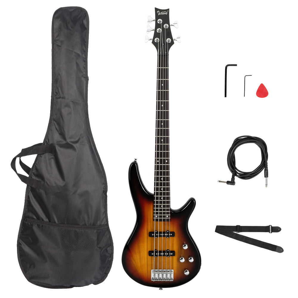 Glarry GIB Electric 5 String Bass Guitar Full Size Bag Strap Pick Connector Wrench Tool Sunset Color