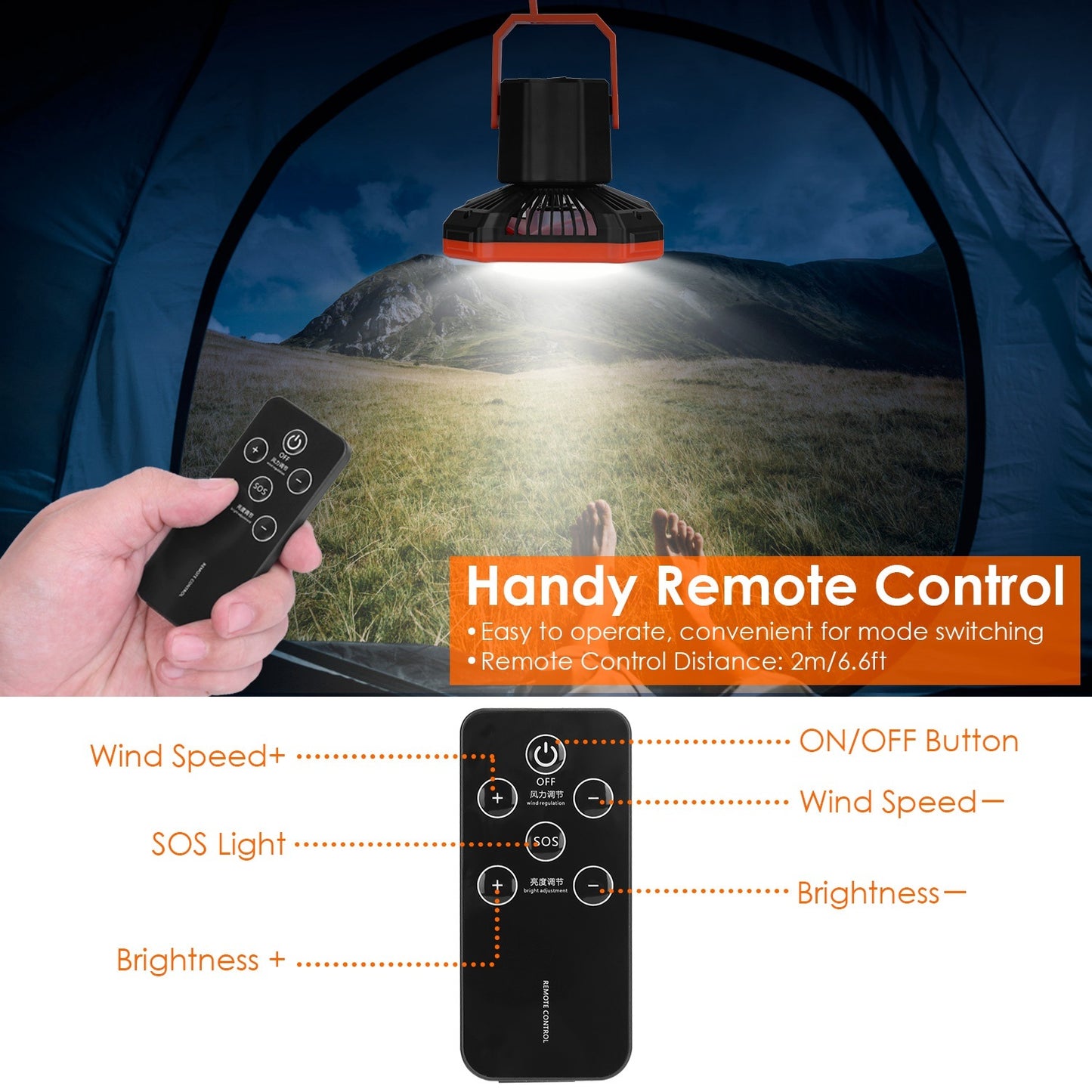 Portable Camping Lantern Fan 10000mAh Battery Powered Hanging Fan USB Rechargeable Tent Fan with 4 Light Modes 3 Wind Modes Emergency Power Bank Remote Control Hanging Hook