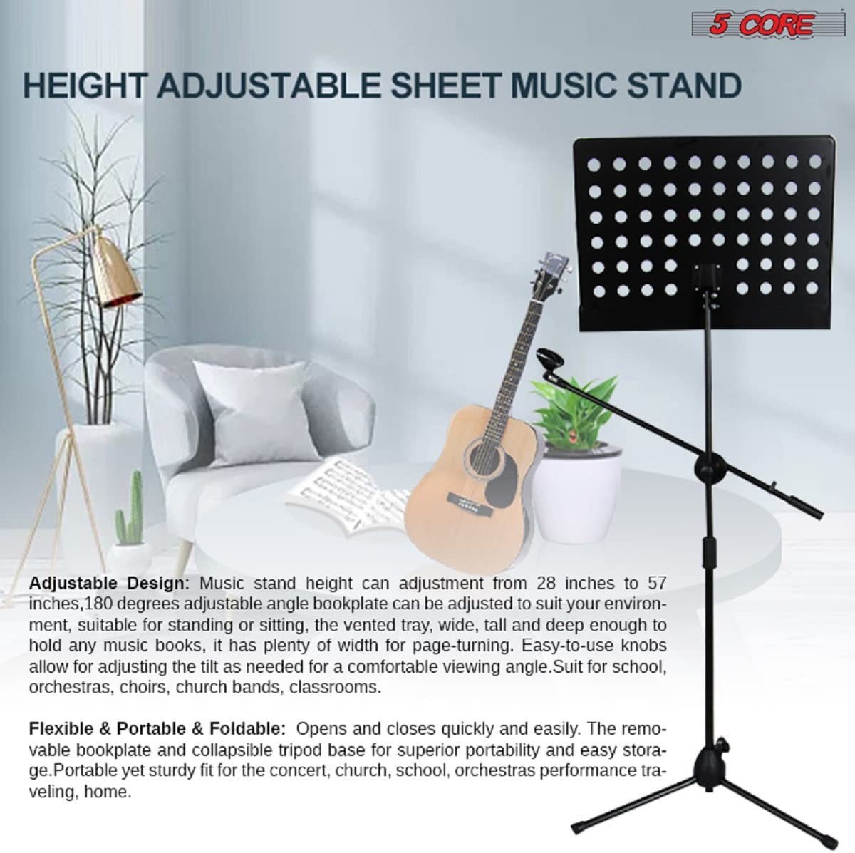 5 Core Sheet Music Stand With Mic Stand Holder - 3 IN 1 Professional Portable Music Stand with Folding Tray;  Detachable Microphone Stand Dual-Use for Sheet Music & Projector Stand MUS MH