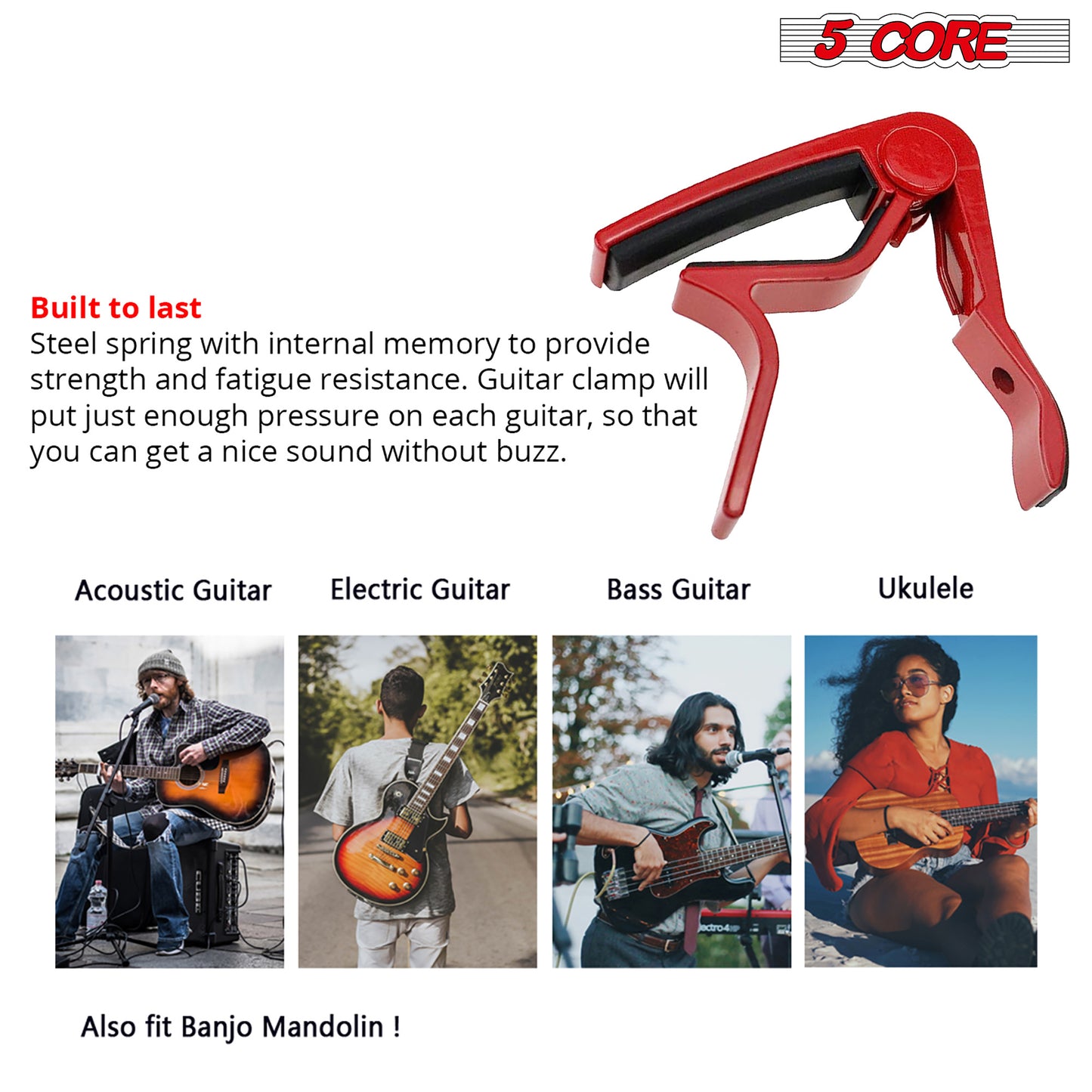 5 Core Guitar Capo Combo 4 Pcs| Premium Aluminum Capos for Guitars, Ukulele, Banjo, Mandolin, Bass| Superior Build Quality| Professional Musical Instrument Blue, Red, White and Gold- CAPO BRWG 4PCS