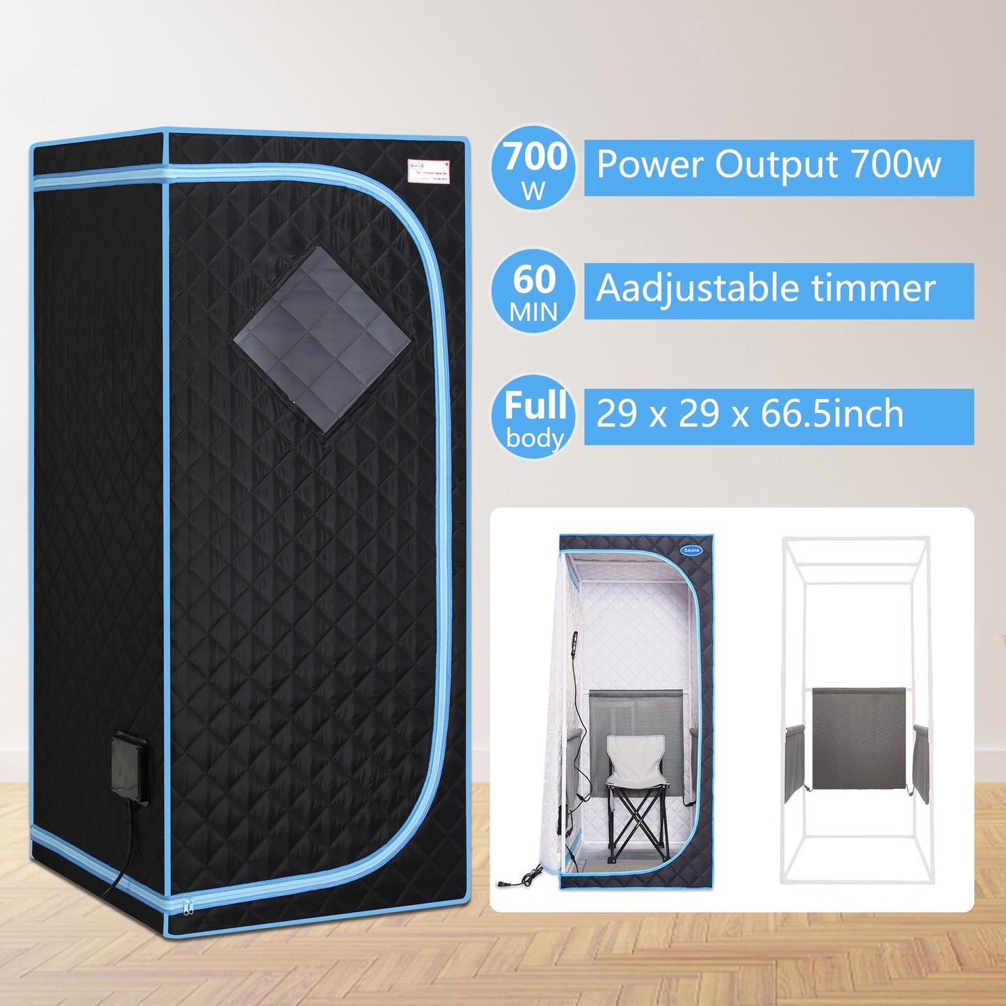 Portable Full Size  Infrared Sauna tent–Personal Home Spa;  with Infrared Panels;  Heating Foot Pad; Controller;  Foldable Chair ; Reading light.Easy to Install.Fast heating