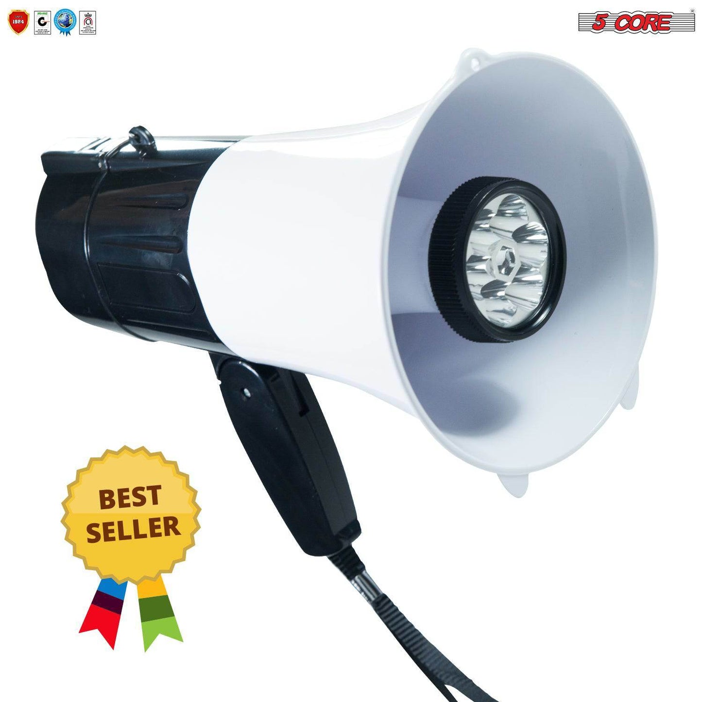 5Core Megaphone Handheld with LED lights Bullhorn Cheer Loudspeaker Bull Horn Speaker Megaphono Siren Torch Flashlight Sling Strap Portable 148 LED