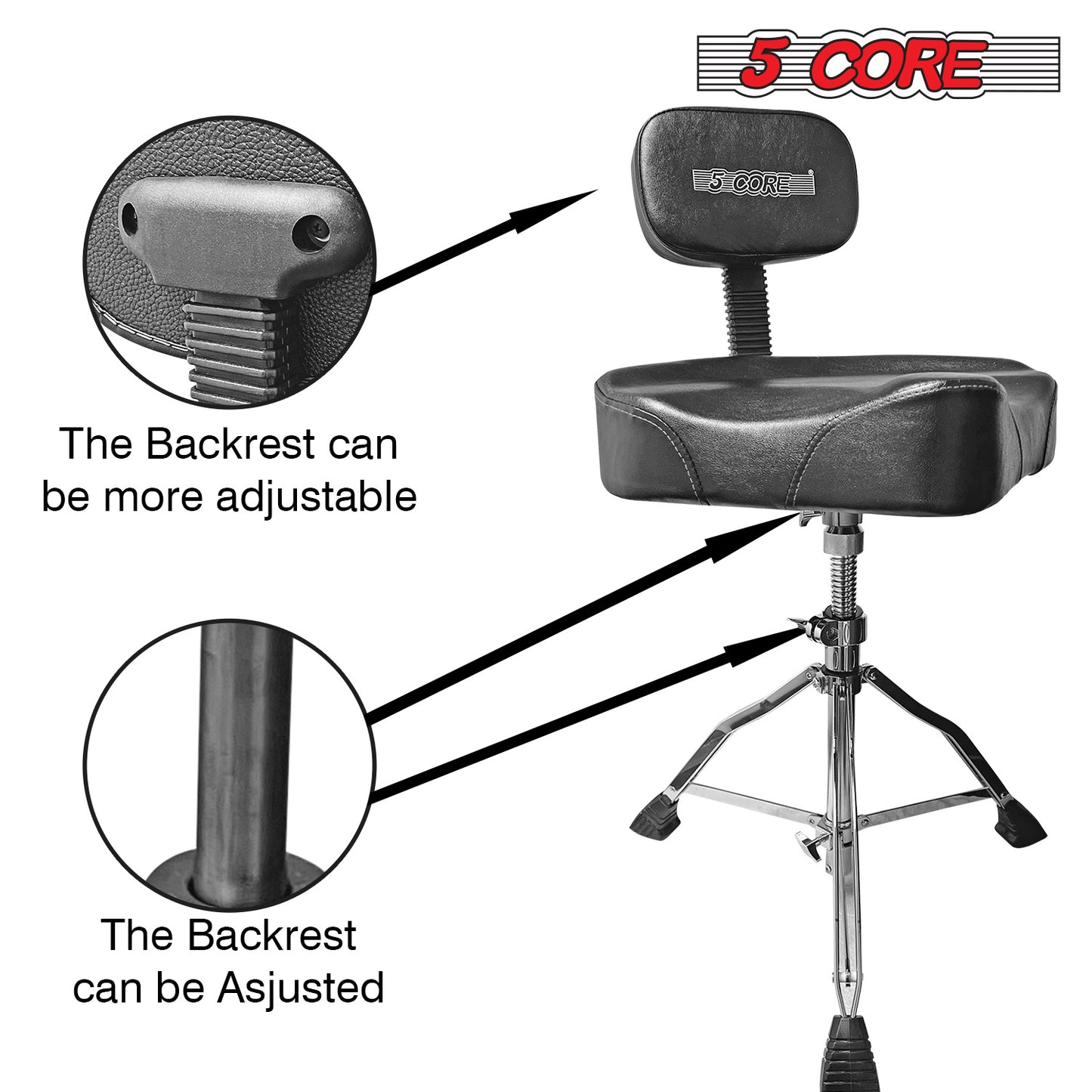 5 Core Drum Throne with Backrest Airlift Chair Height Adjustable Motorcycle Style Heavy Duty Drum Seat with Backrest; Drum Stools with Back Rest for Drummer Adults DS CH BLK REST