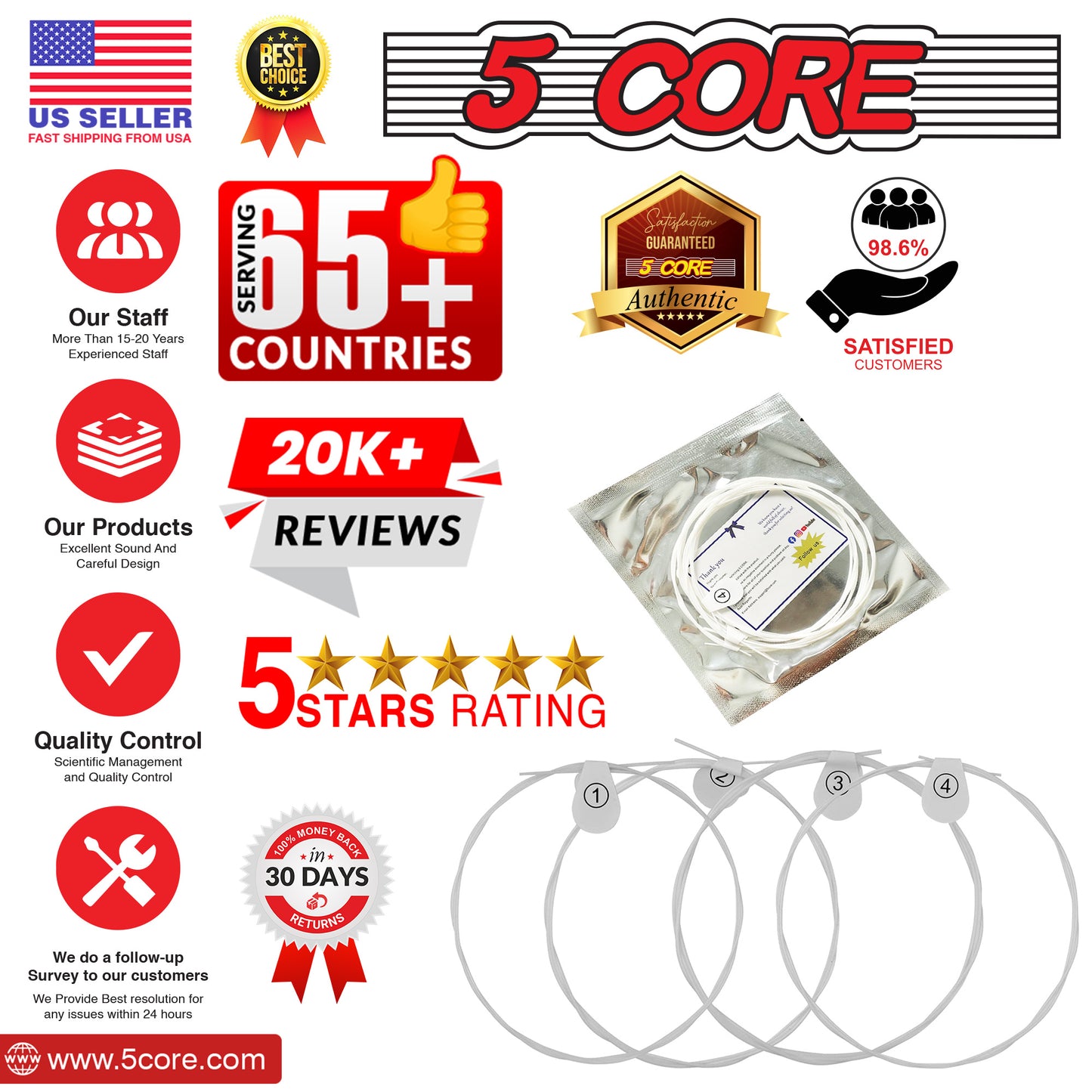 5 Core Ukulele Strings; Tuning Replacement 4 Pieces String in 1 Pack for Musical Instruments Easy for Beginners Easy on Fingertips for General Ukulele Sweet Sound UKS 1SET (4PCS)