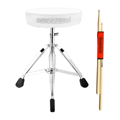 5 Core Premium Universal Drum Throne Height Adjustable Padded Drum Stool Seat Round Chrome Chair Drumming Stand with Anti- Slip Feet for Adults Kids Drummer White DS CH WH