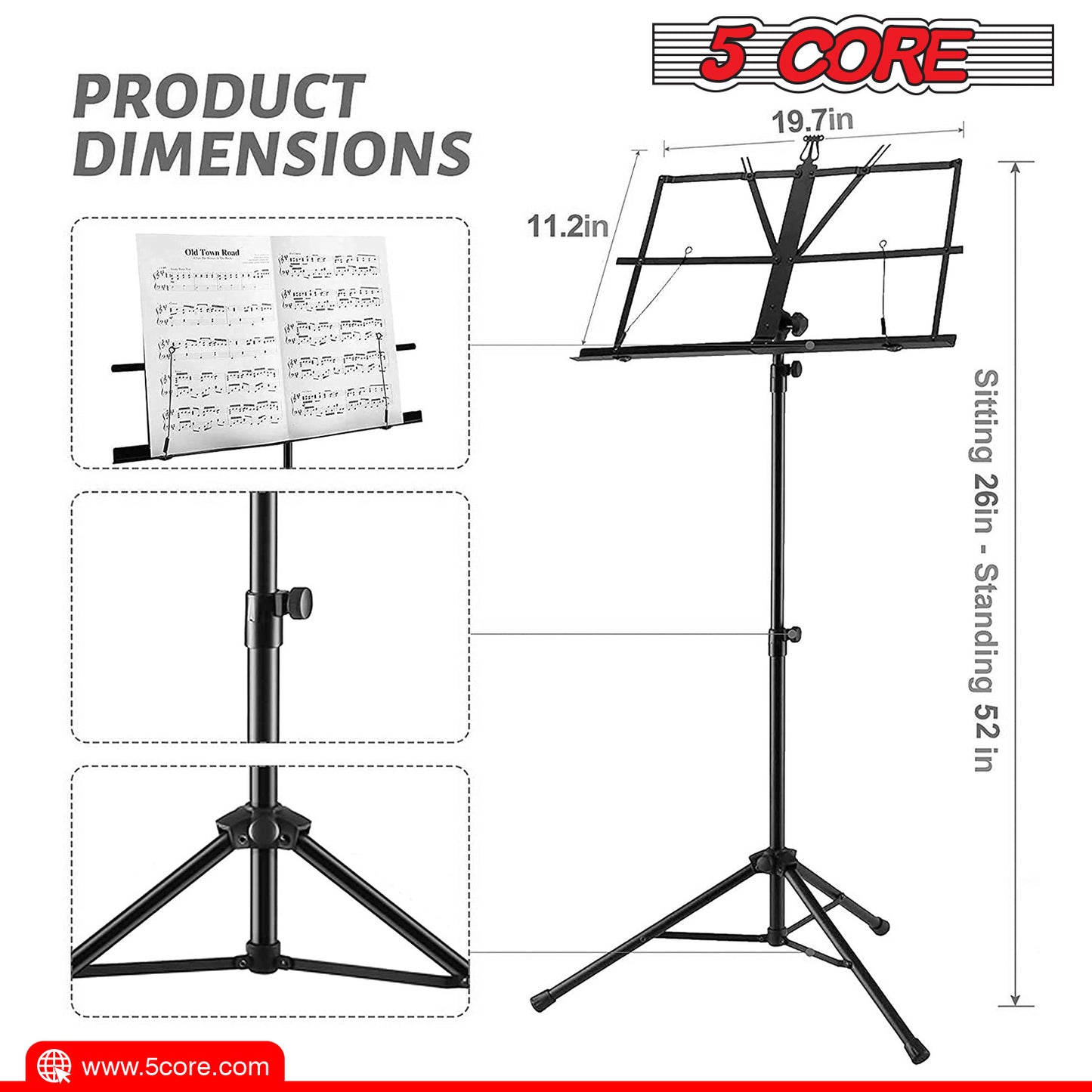 5 Core Music Stand for Sheet Music Folding Portable Stands Light Weight Book Clip Holder Music Accessories and Travel Carry Bag MUS FLD