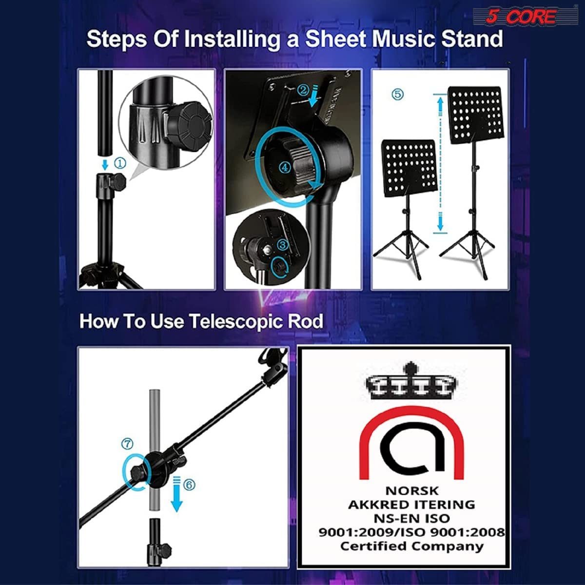 5 Core Sheet Music Stand With Mic Stand Holder - 3 IN 1 Professional Portable Music Stand with Folding Tray;  Detachable Microphone Stand Dual-Use for Sheet Music & Projector Stand MUS MH