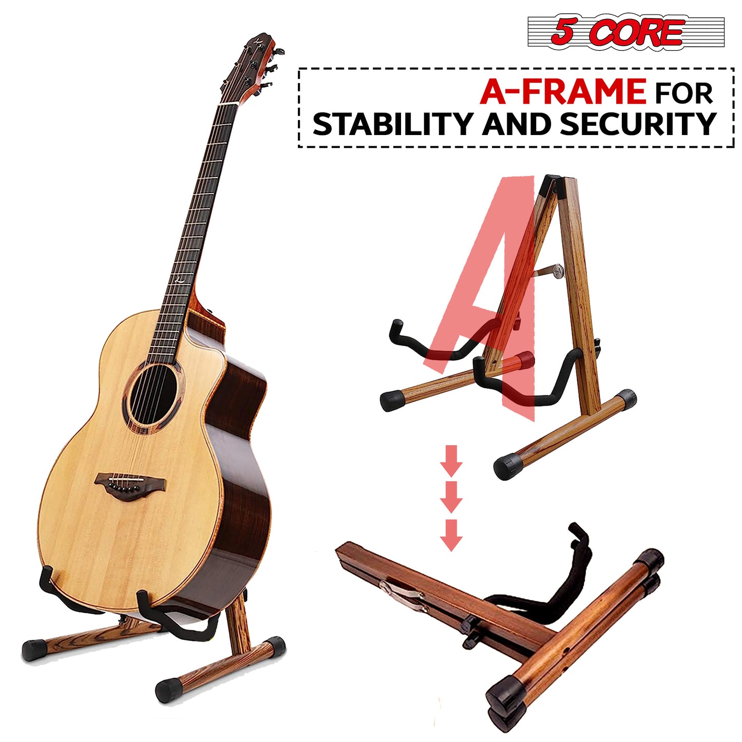 5 Core Wood Guitar Stand/ Acoustic Electric Wooden Guitar Floor Stand/ Universal A-Frame Folding Guitar Holder Adjustable for Bass, Cello, Mandolin, Banjo, Ukulele- GSS WD