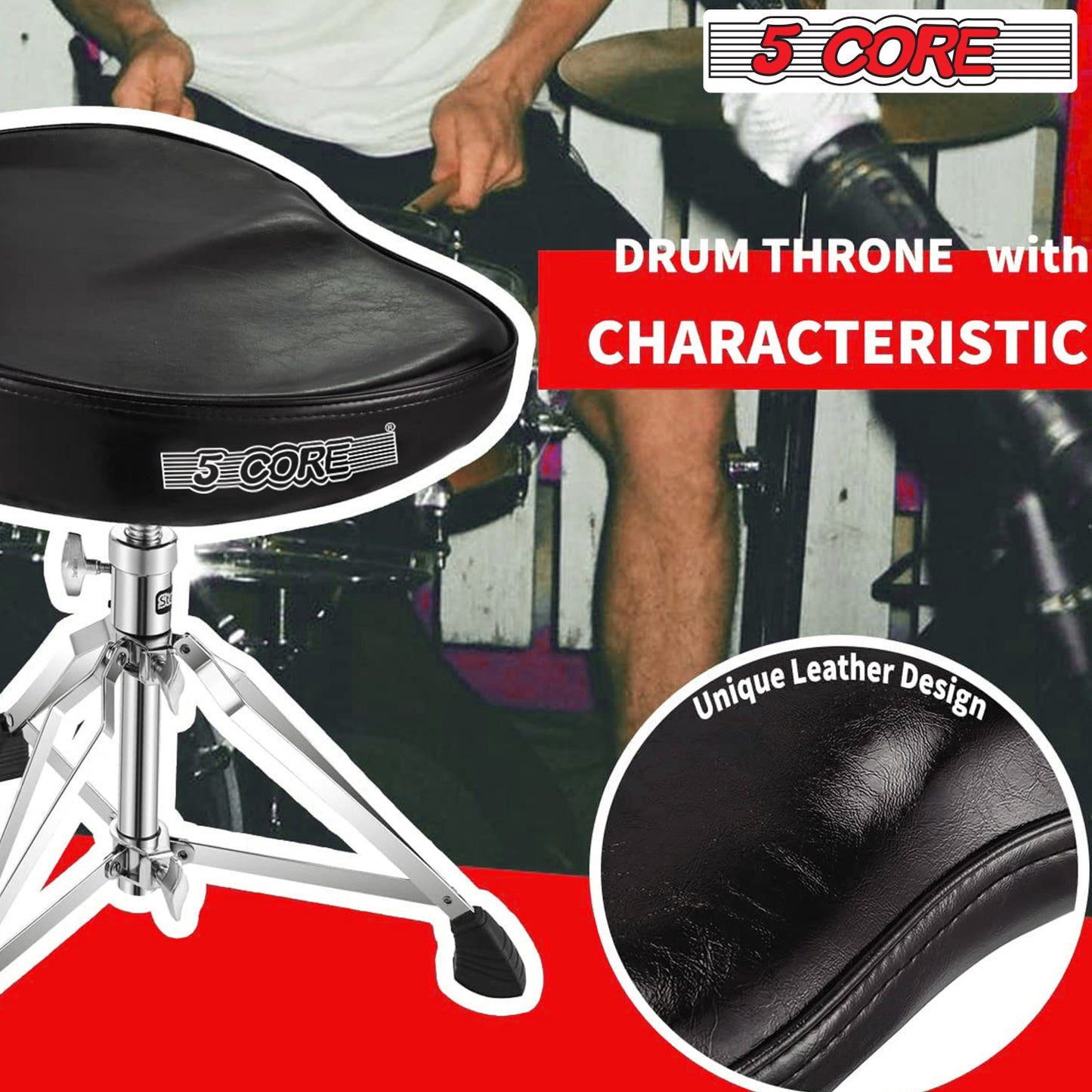 5 Core Saddle Drum Throne Height Adjustable Padded Seat Drum Stool; with Double Braced Anti-Slip Feet Swivel Drum Chair Black DS CH BLK SDL HD