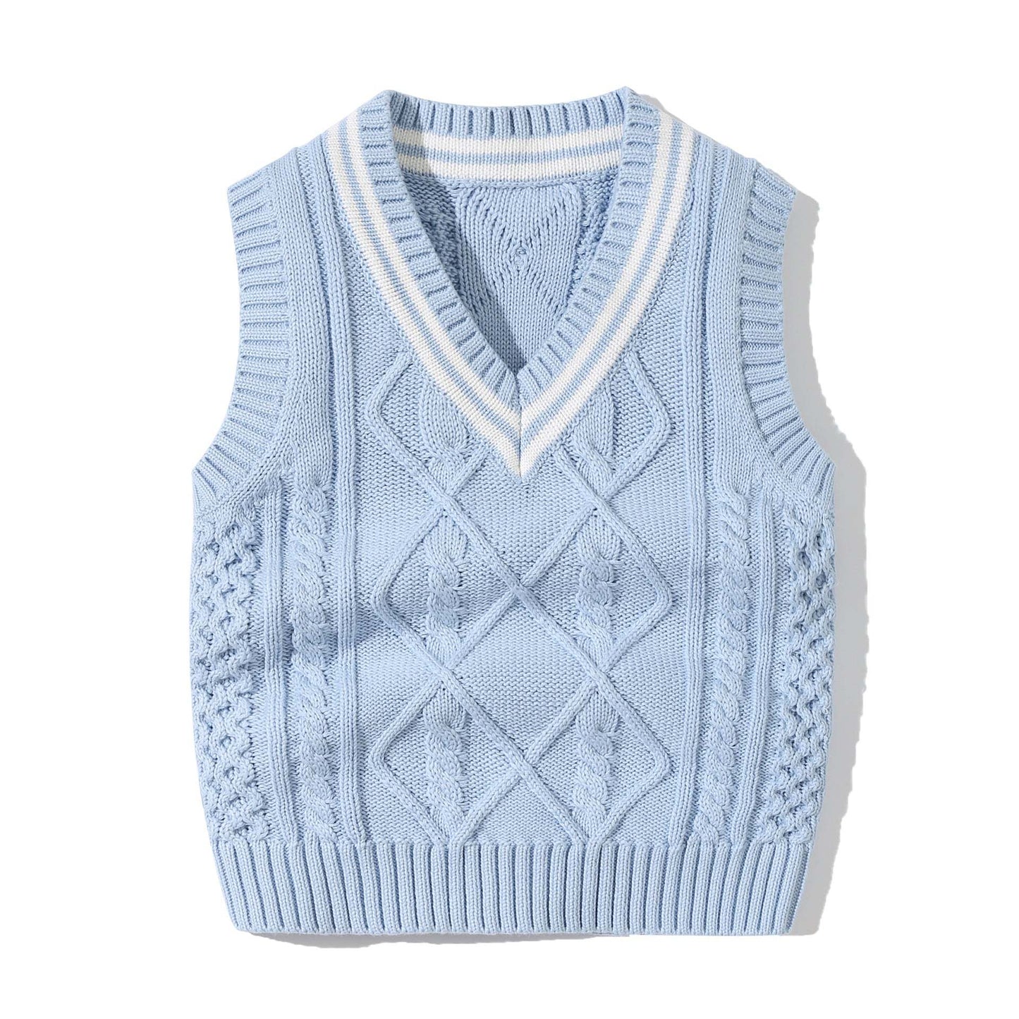 Baby Crochet Knitting Pattern Striped V-Neck Design College Style Sleeveless Vest Sweater