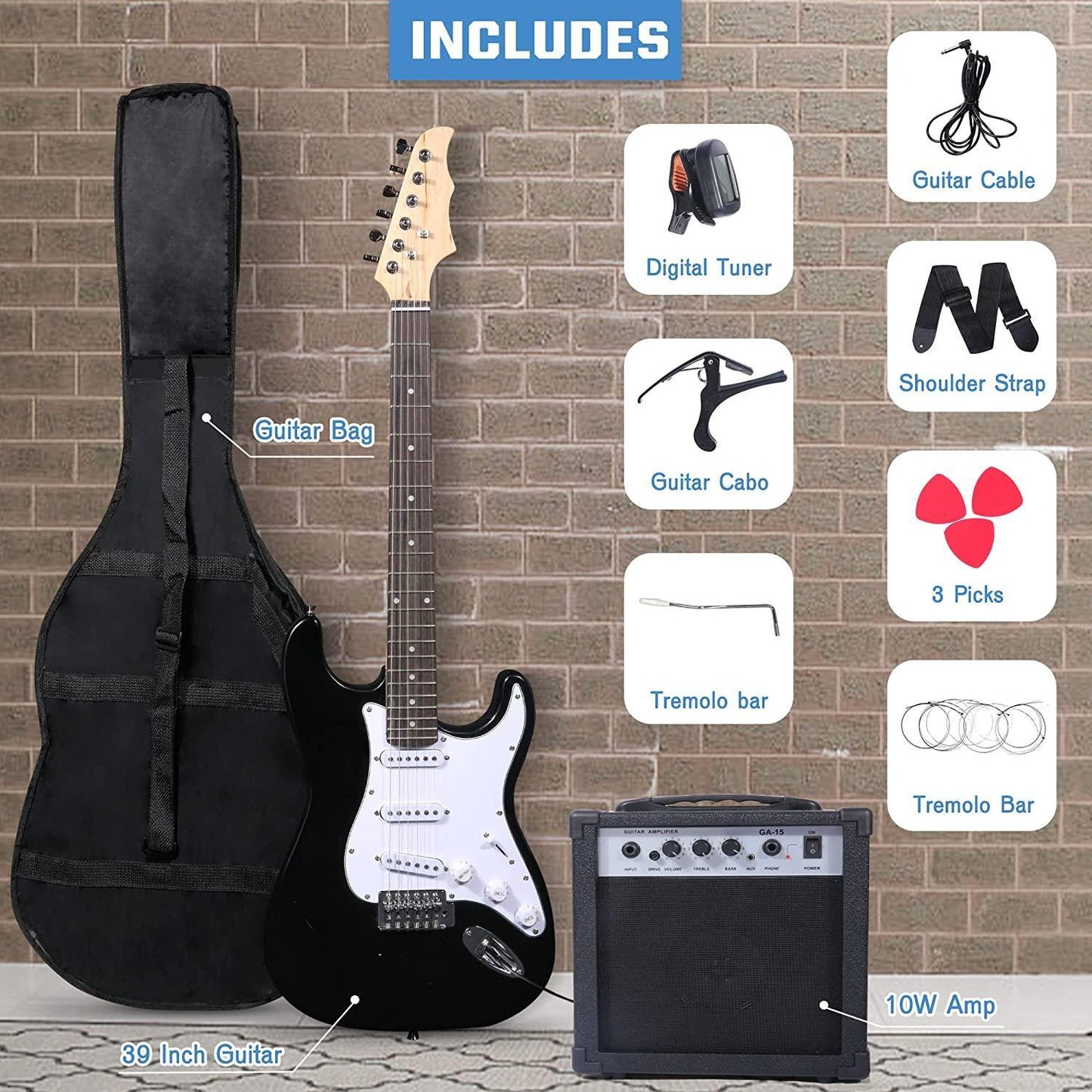 39 Inch Electric Guitar Starter Kit for Teenager and Adult;  Full-size Beginner Guitar with 10 W Amplifier;  Carrier Bag;  Tuner;  Strings;  Picks;  Cable