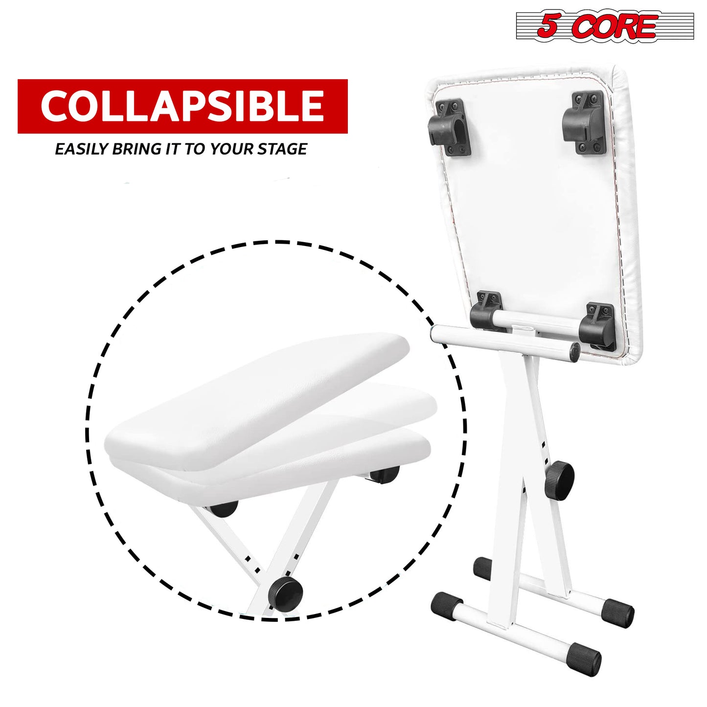 5Core Portable Piano Keyboard Music X-Style Adjustable Padded Stool Chair Seat Bench White KBB 02 WH